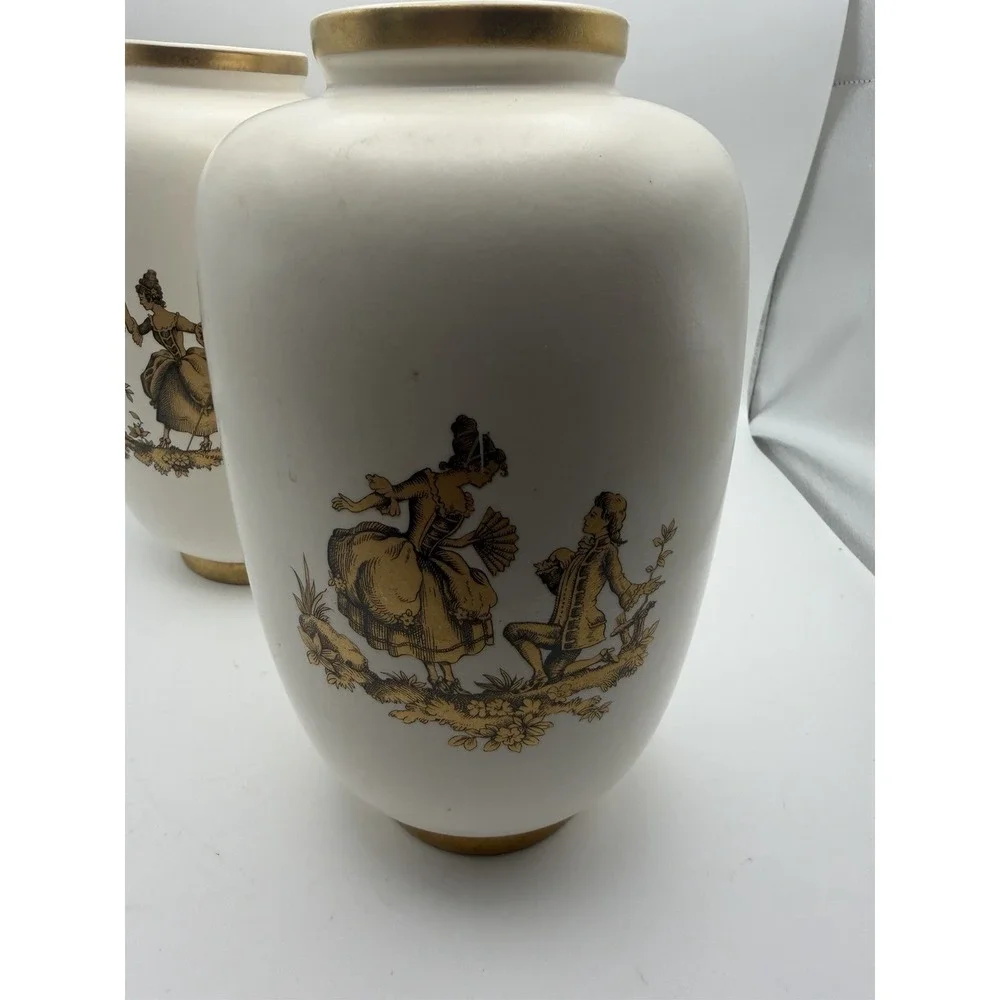Pair Hyalyn Porcelain Pottery Vases Model 256 Courting Couples Gold 9.5